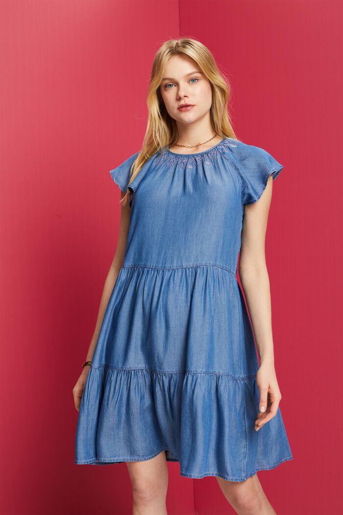 Gelaagde mini-jurk van denim, BLUE MEDIUM WASHED, detail image number 0