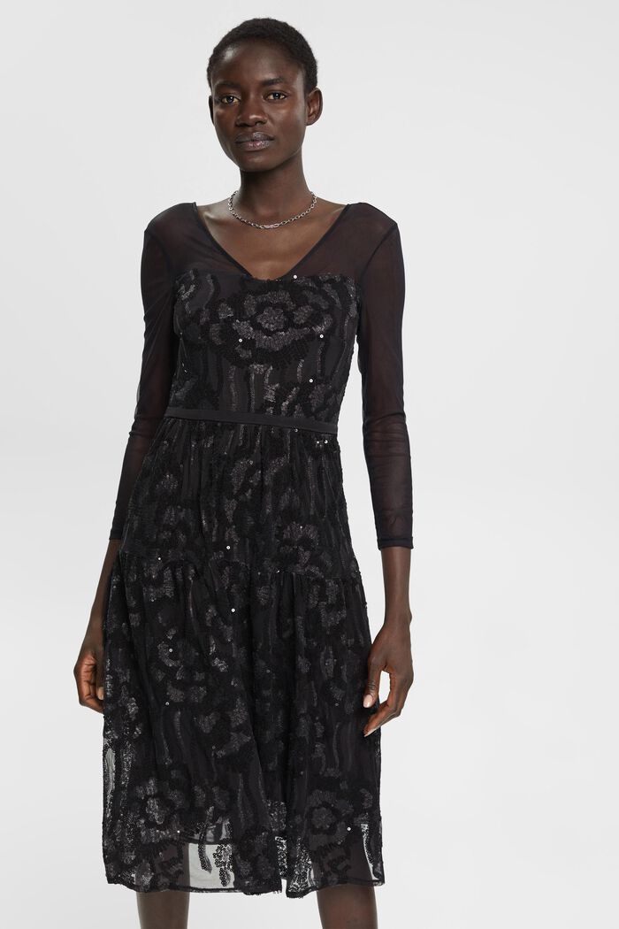 Mesh midi-jurk met pailletjes, BLACK, detail image number 0