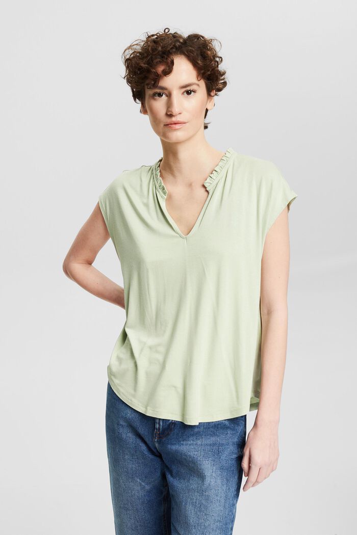 T-shirt met ruchedetails, LENZING™ ECOVERO™, PASTEL GREEN, overview