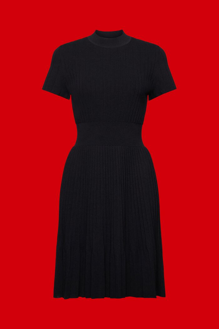 Geplisseerde midi-jurk met opstaande kraag en korte mouwen, BLACK, detail image number 6