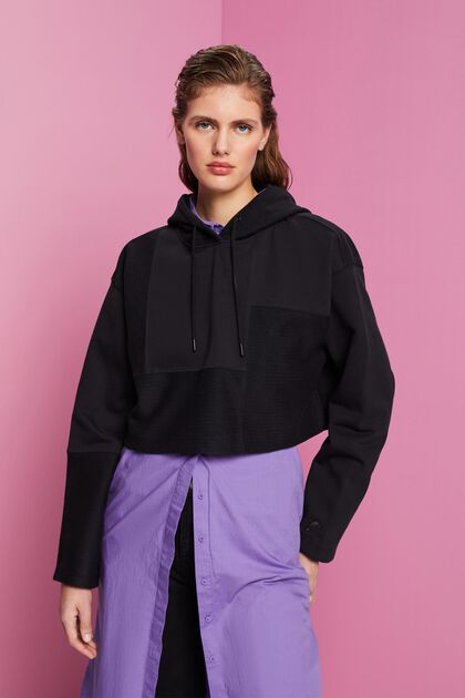 Cropped hoodie met patchwork, BLACK, overview