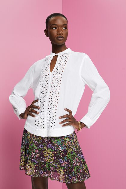 Katoenen blouse met borduursel, WHITE, overview