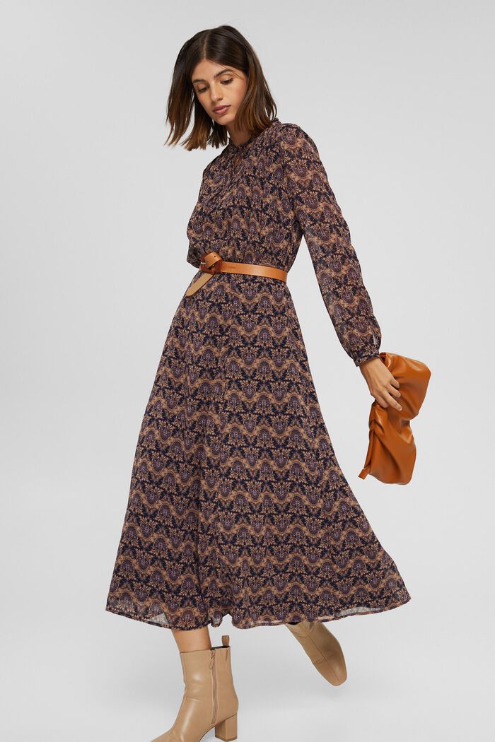 Gerecycled: midi-jurk van chiffon met print, KHAKI BEIGE, detail image number 1