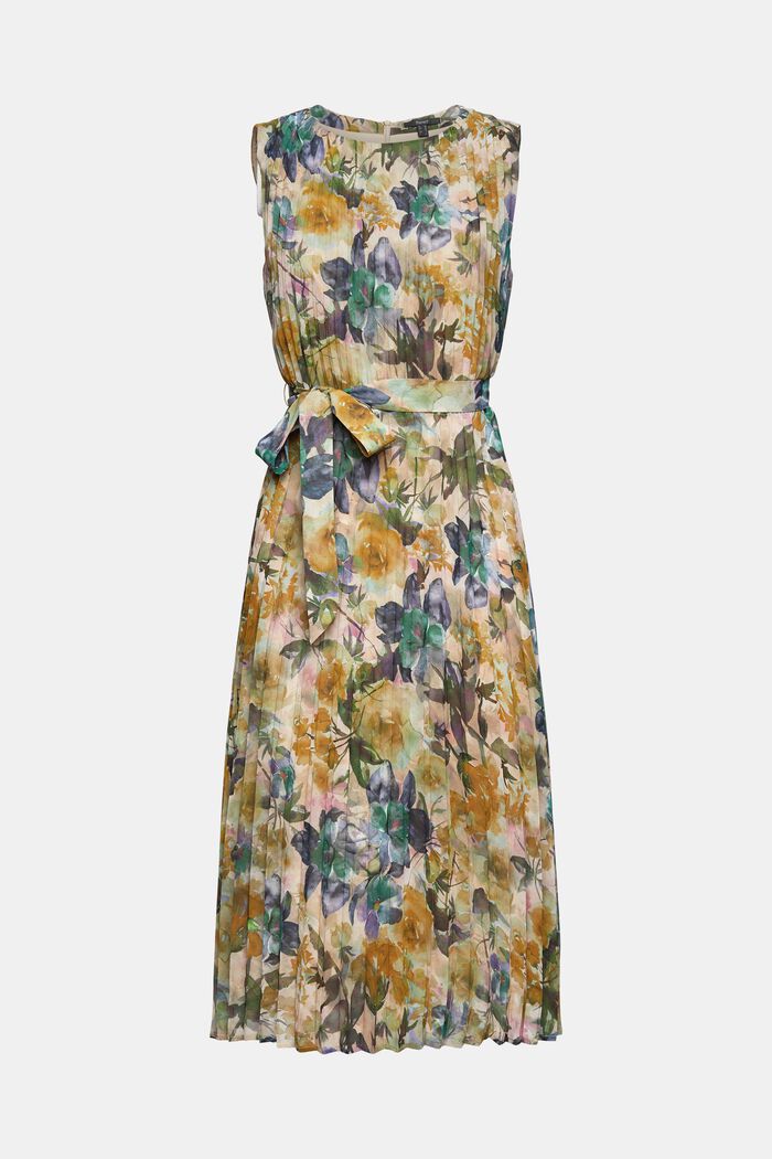 Gerecycled: geplooide jurk met bloemenprint, OFF WHITE, overview