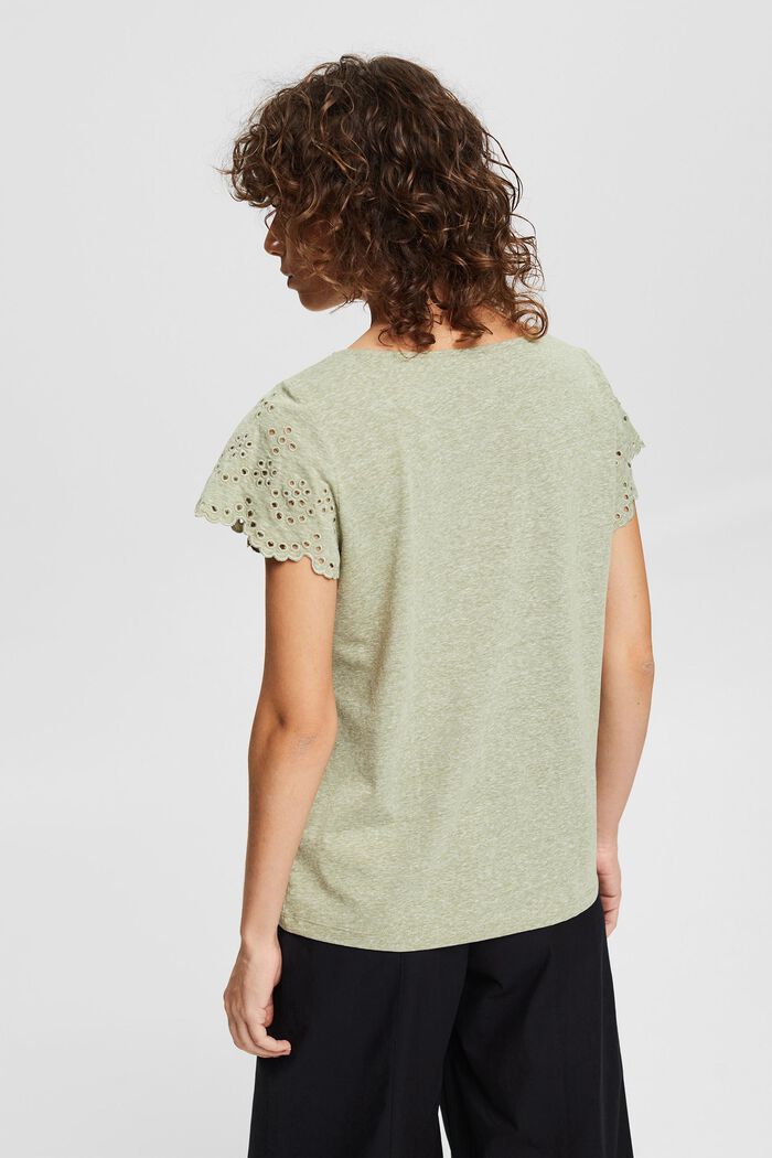 Gerecycled: T-shirt met broderie anglaise, LIGHT KHAKI, detail image number 3