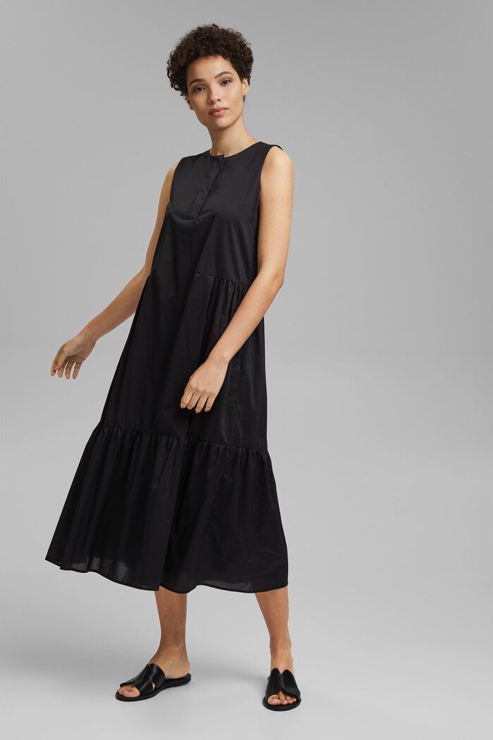 Mouwloze katoenen midi-jurk met volant, BLACK, detail image number 0