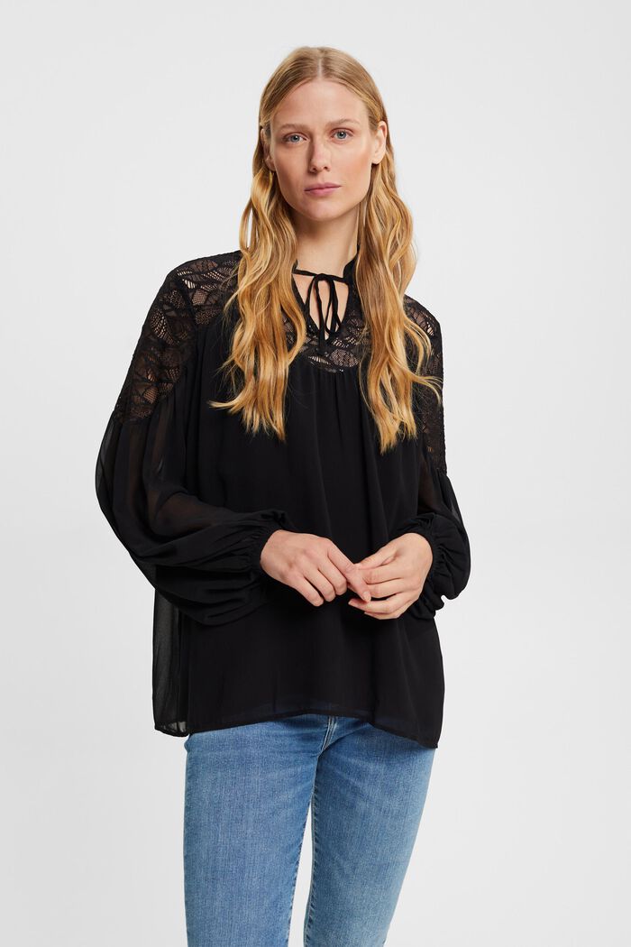 Chiffon blouse met kant, BLACK, detail image number 0