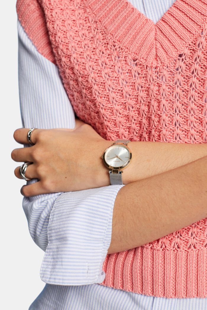 Tweekleurig horloge met een bandje van mesh en zirkonia, ROSEGOLD, detail image number 2