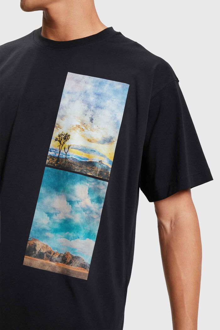 T-shirt met print van een gestapeld landschap, BLACK, detail image number 2