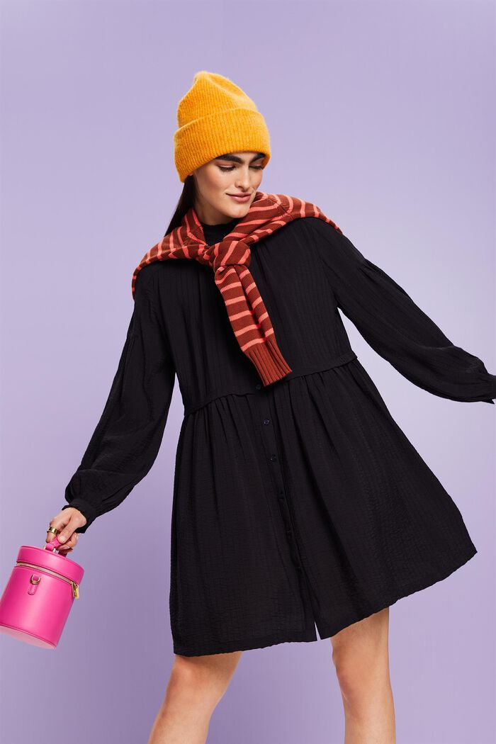 Gestructureerde mini-jurk met rimpelingen, BLACK, detail image number 0
