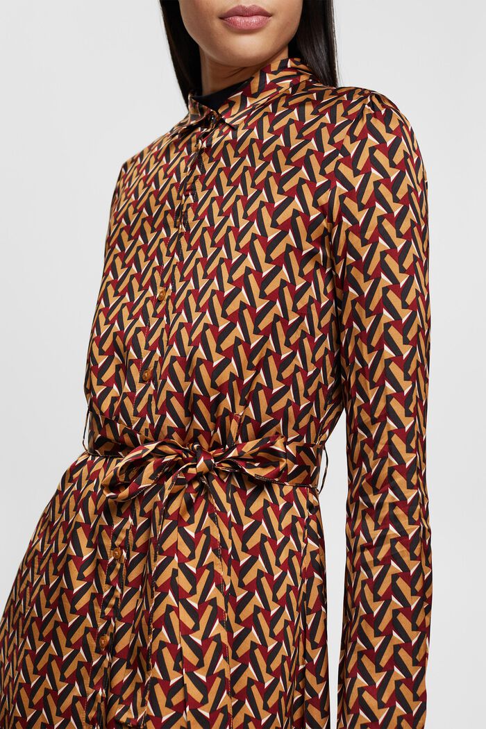 Satijnen midi-jurk met motief en strikceintuur, BROWN, detail image number 2
