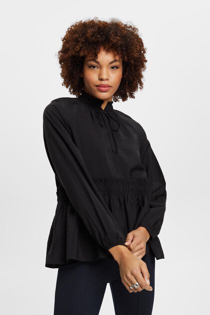 Gerimpelde blouse met strikdetail, BLACK, overview