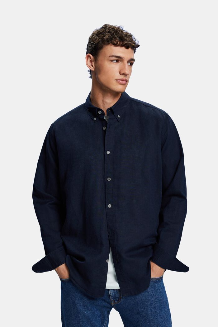 Overhemd met buttondownkraag van een mix van katoen en linnen, NAVY, detail image number 0