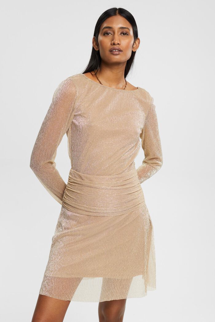 Glinsterende mesh jurk met gedrapeerde taille, DUSTY NUDE, detail image number 0