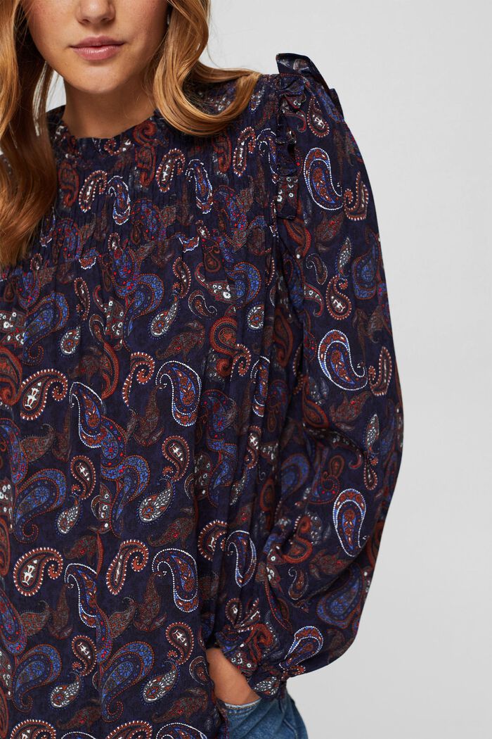 Gesmokte blouse met paisleyprint, LENZING™ ECOVERO™, NAVY, detail image number 2