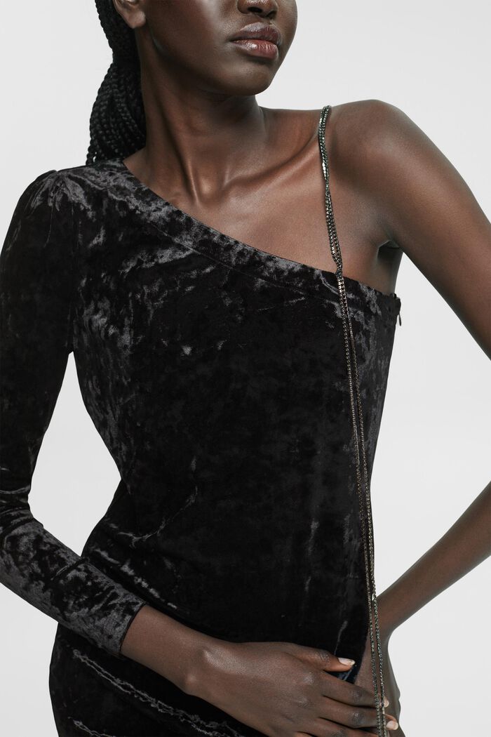 Fluwelen jurk met één schouder en kettingbandje, BLACK, detail image number 2