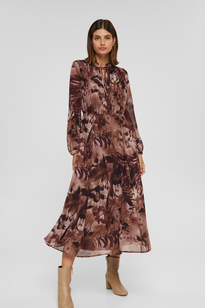 Gerecycled: midi-jurk van chiffon met print, OLD PINK, detail image number 0