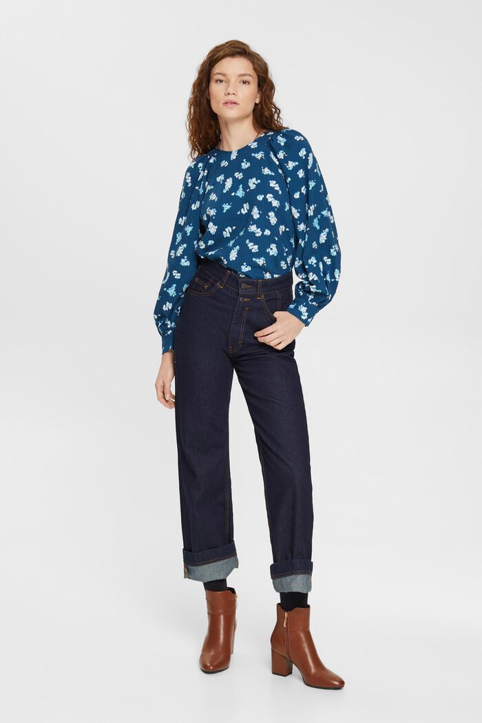 Seersucker blouse met bloemenmotief, PETROL BLUE, detail image number 5
