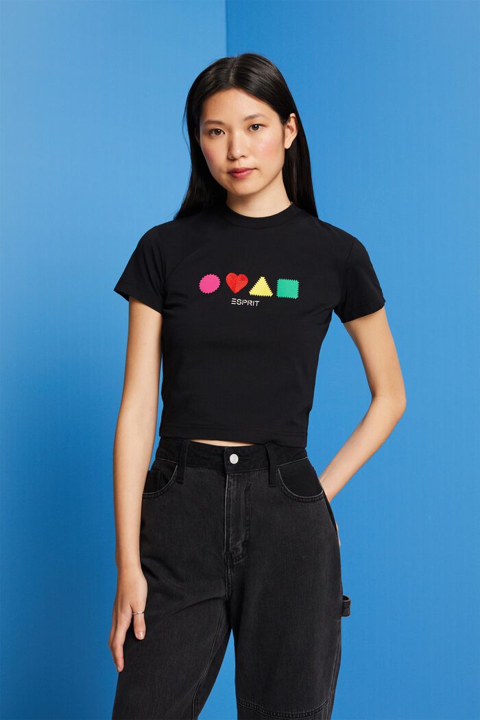T-shirt van organic cotton met geometrische print, BLACK, detail image number 4