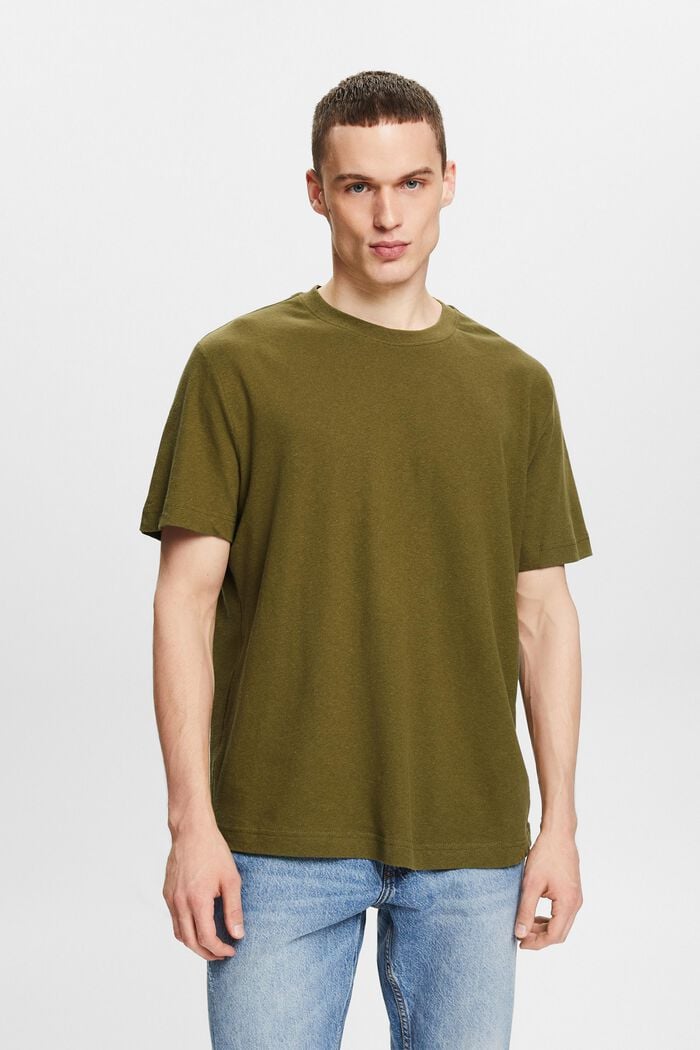T-shirt van katoen en linnen, OLIVE, detail image number 0