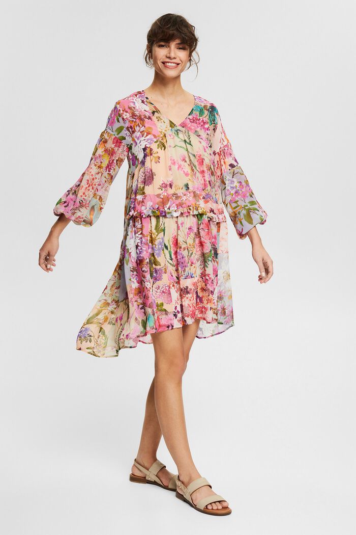 Gerecycled: chiffon jurk met bloemenmotief, PINK FUCHSIA, detail image number 1