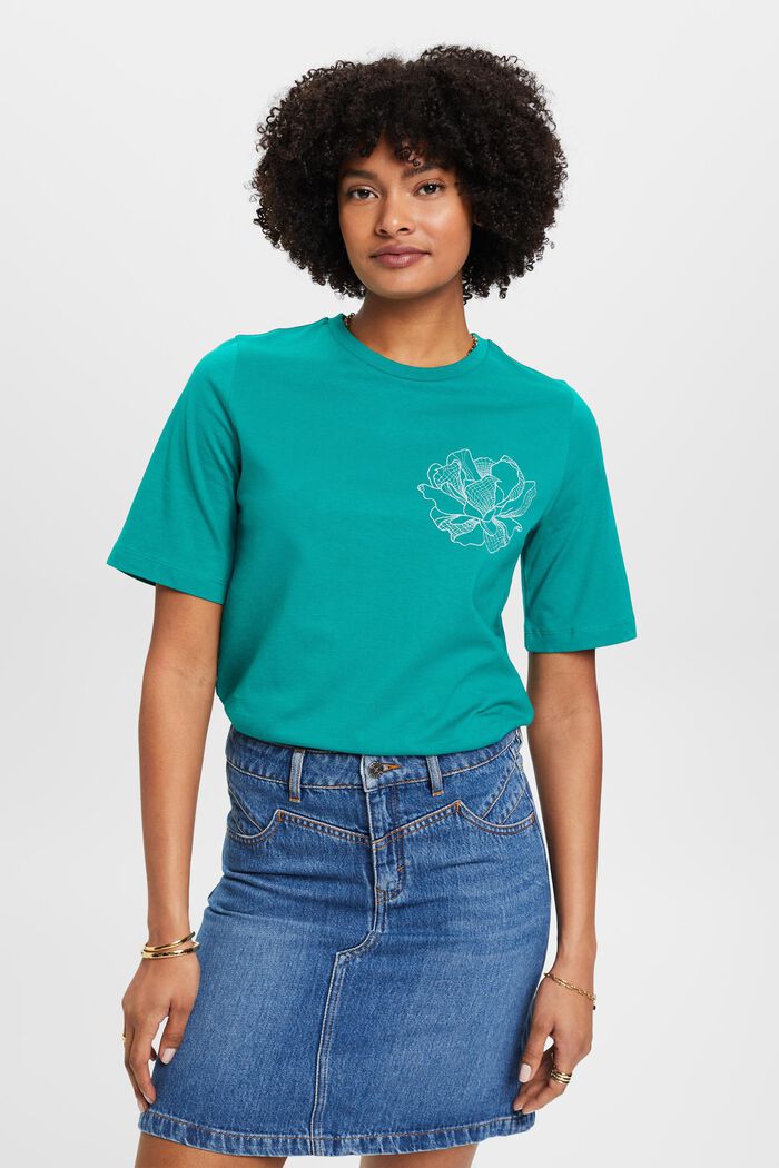 Katoenen T-shirt met geborduurde bloem, EMERALD GREEN, detail image number 0