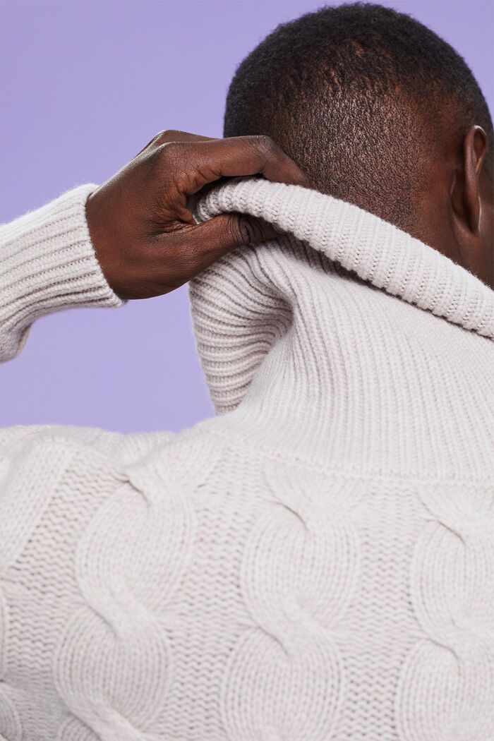 Wollen trui met sjaalkraag en kabelpatroon, LIGHT TAUPE, detail image number 3