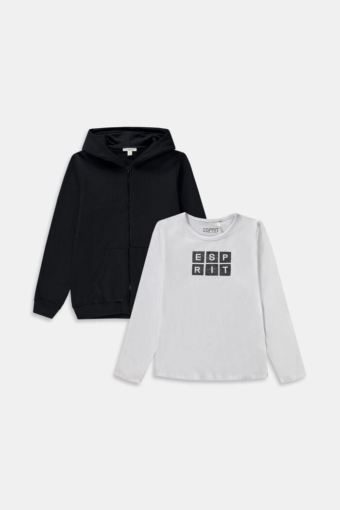 Combiset: hoodie met doorlopende rits en longsleeve, BLACK, detail image number 0