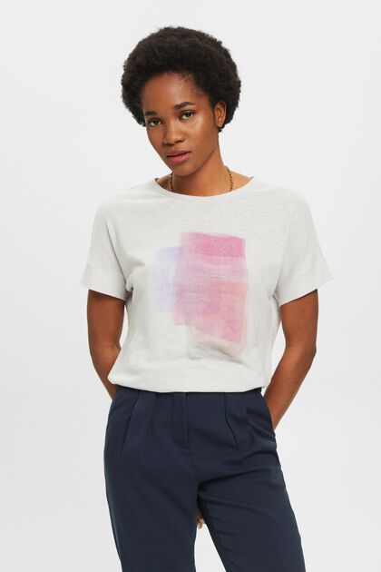 T-shirt van een viscose-linnenmix met print op de borst