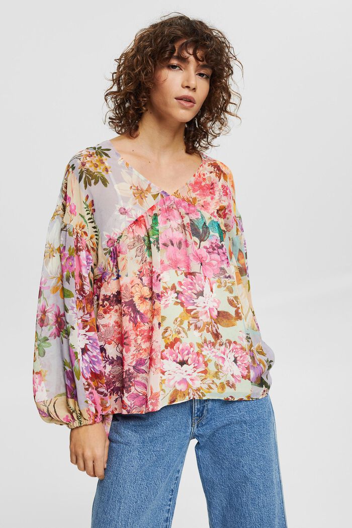 Gerecycled: chiffon blouse met bloemenmotief, PINK FUCHSIA, detail image number 0