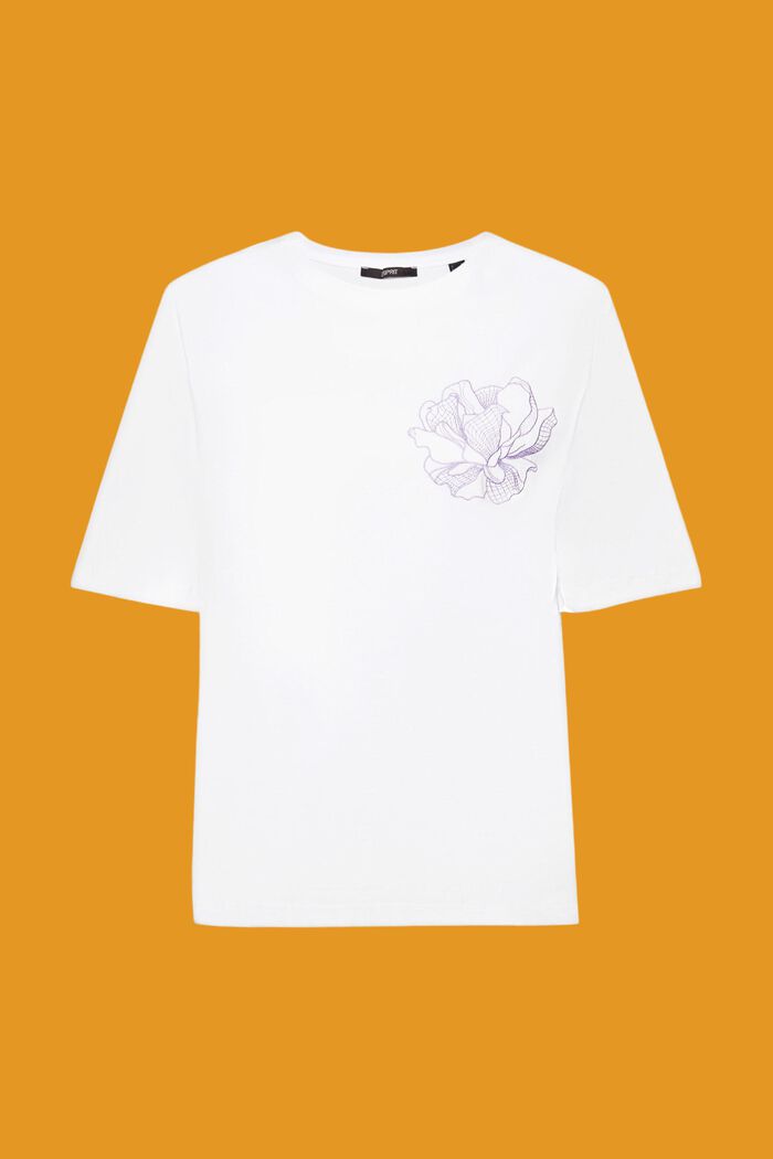 Katoenen T-shirt met geborduurde bloem, OFF WHITE, detail image number 6
