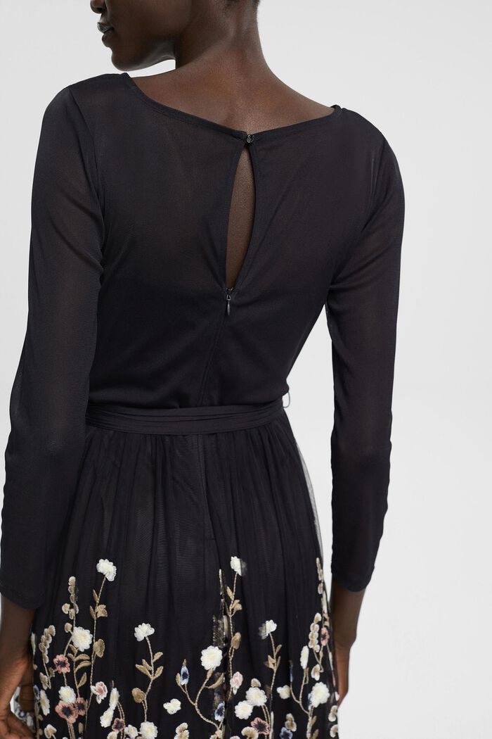 Mesh jurk met bloemenborduursel, BLACK, detail image number 0