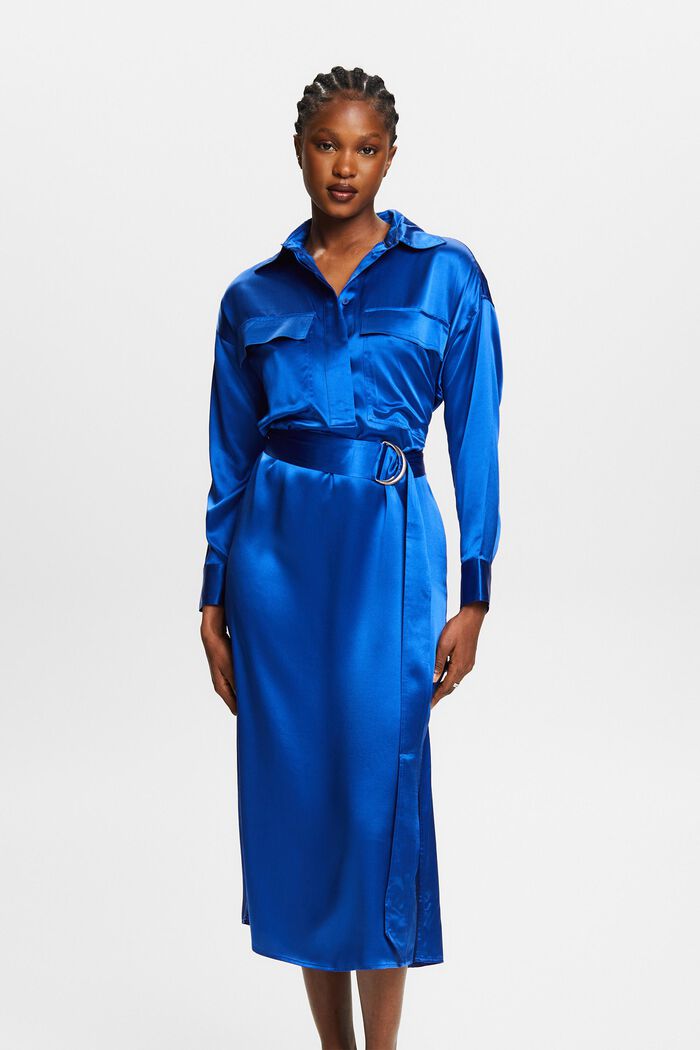 Zijden midi-jurk met ceintuur, BRIGHT BLUE, detail image number 0