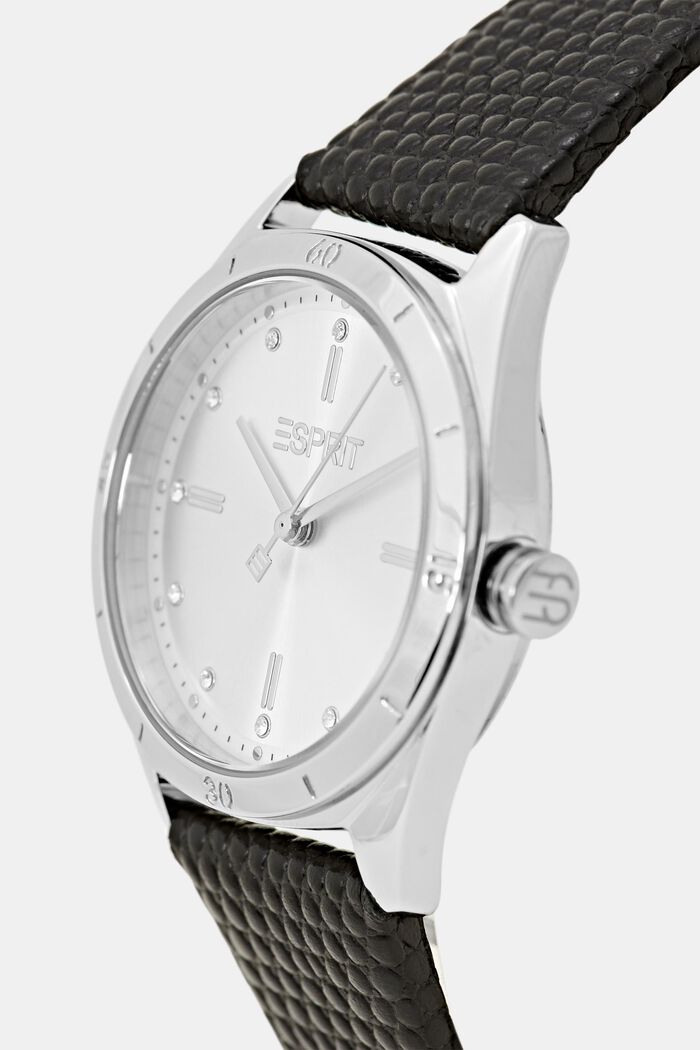Edelstalen horloge met gestructureerd leren bandje, BLACK, detail image number 1