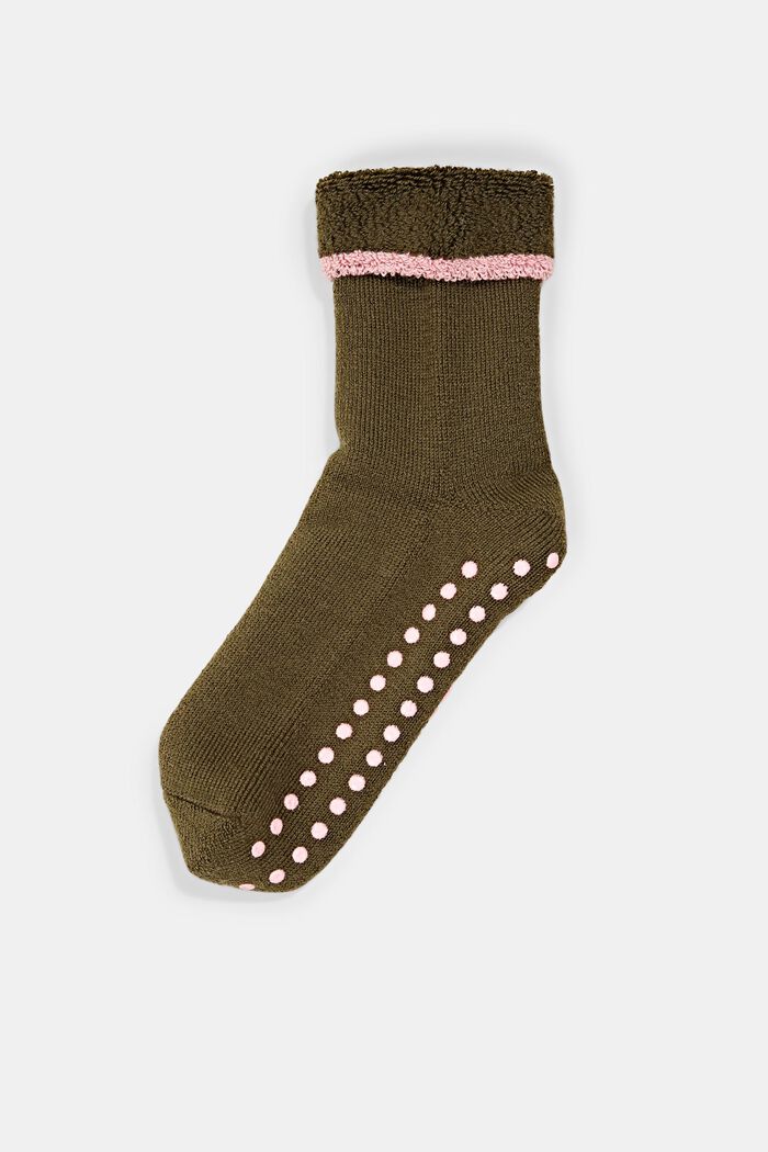 Zachte sokken met stroeve zool, wolmix, OLIVE, detail image number 0