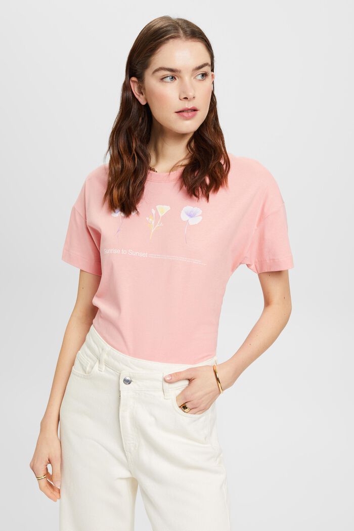 T-shirt met bloemenprint op de borst, PINK, detail image number 0