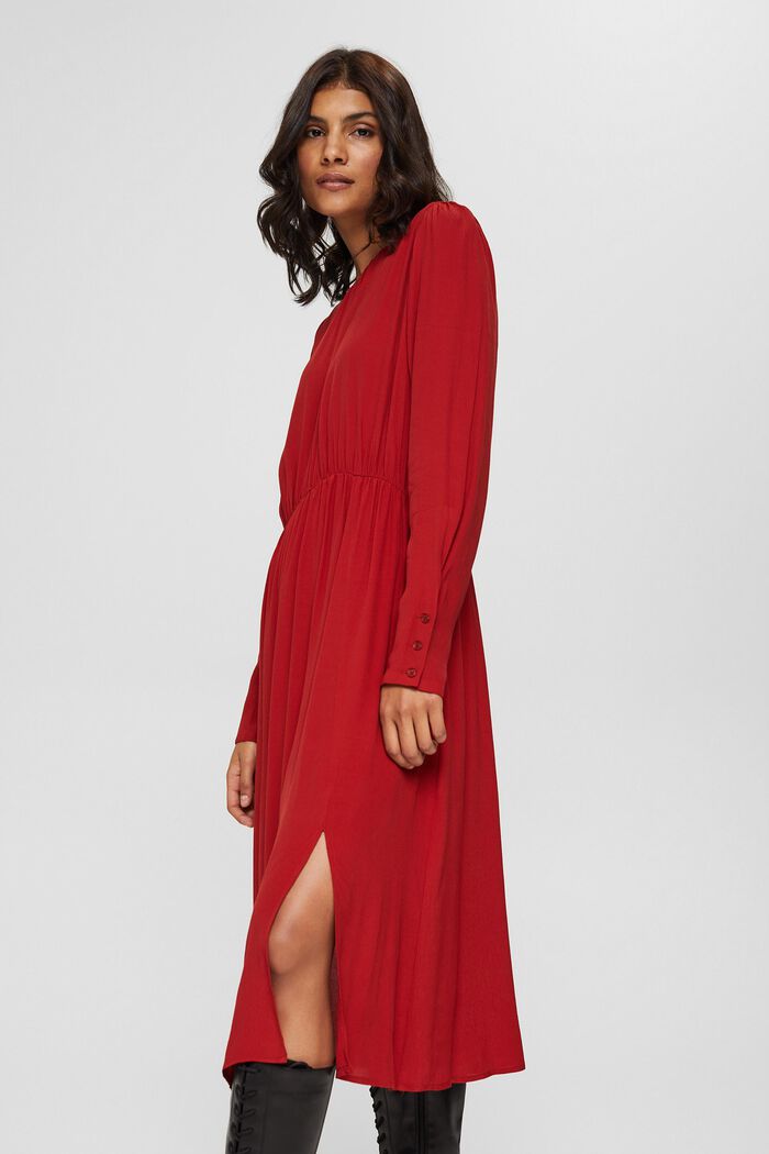 Midi-jurk van crêpe met LENZING™ ECOVERO™, DARK RED, overview
