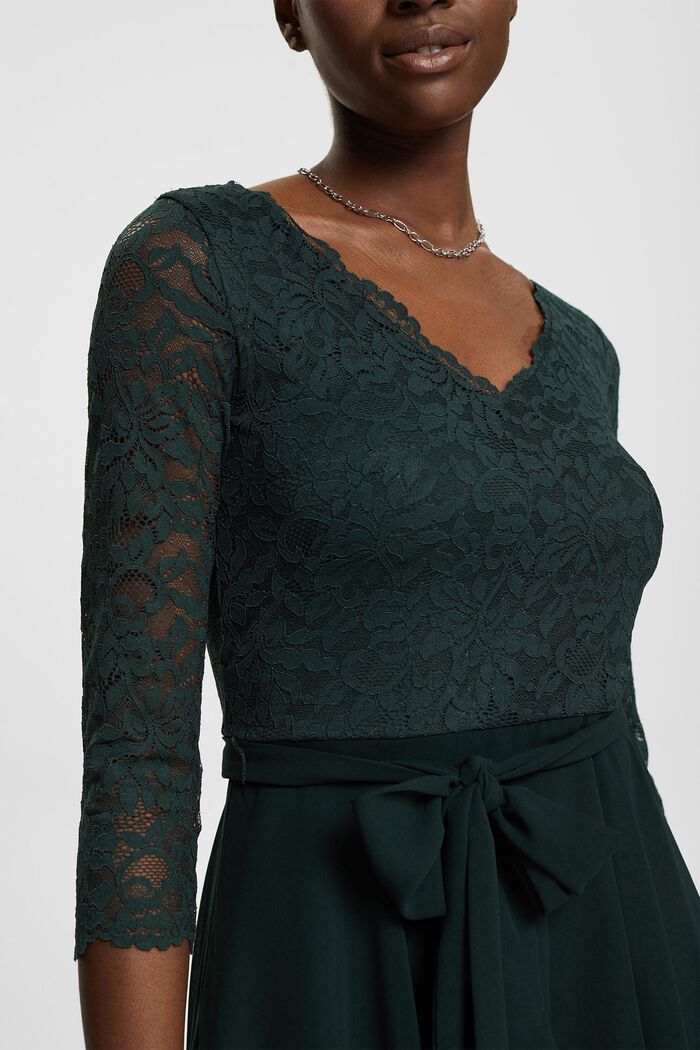 Chiffon jurk met kant en strikceintuur, DARK TEAL GREEN, detail image number 2