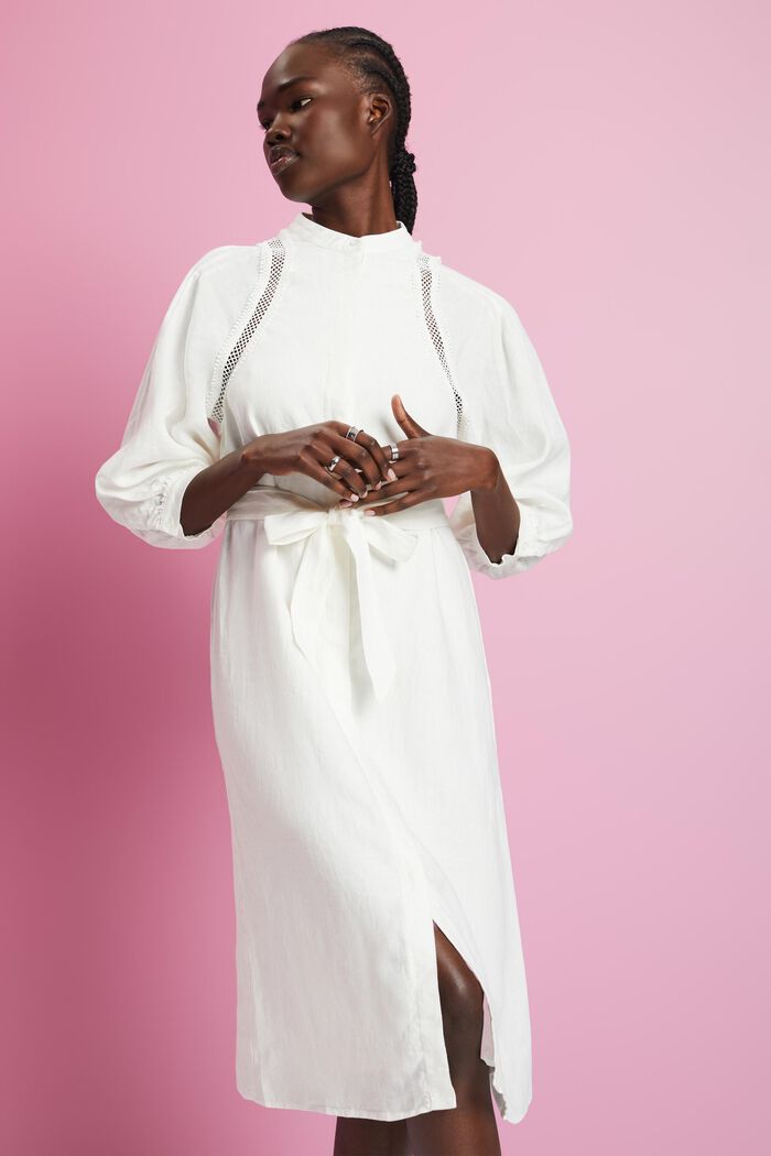 Midi-jurk van geweven linnen, OFF WHITE, detail image number 0