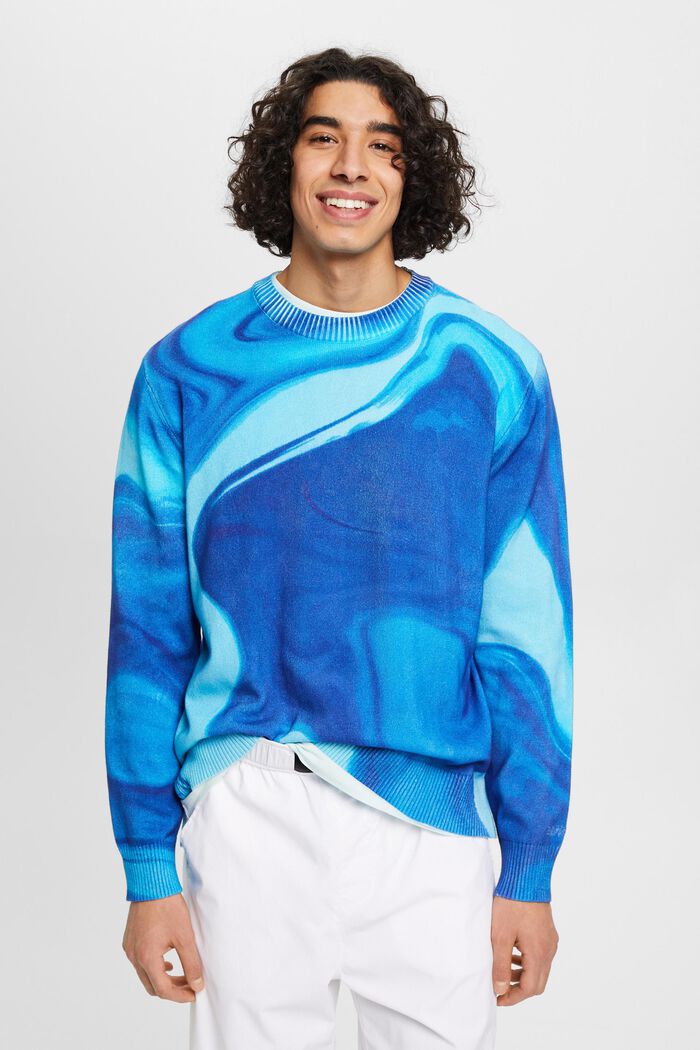 Geweven trui van katoen met motief all-over, BLUE, detail image number 0