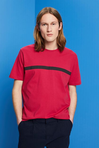 Katoenen T-shirt met contrasterende streep, DARK PINK, overview