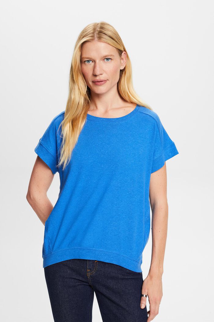 T-shirt van een mix van katoen en linnen, BRIGHT BLUE, detail image number 0