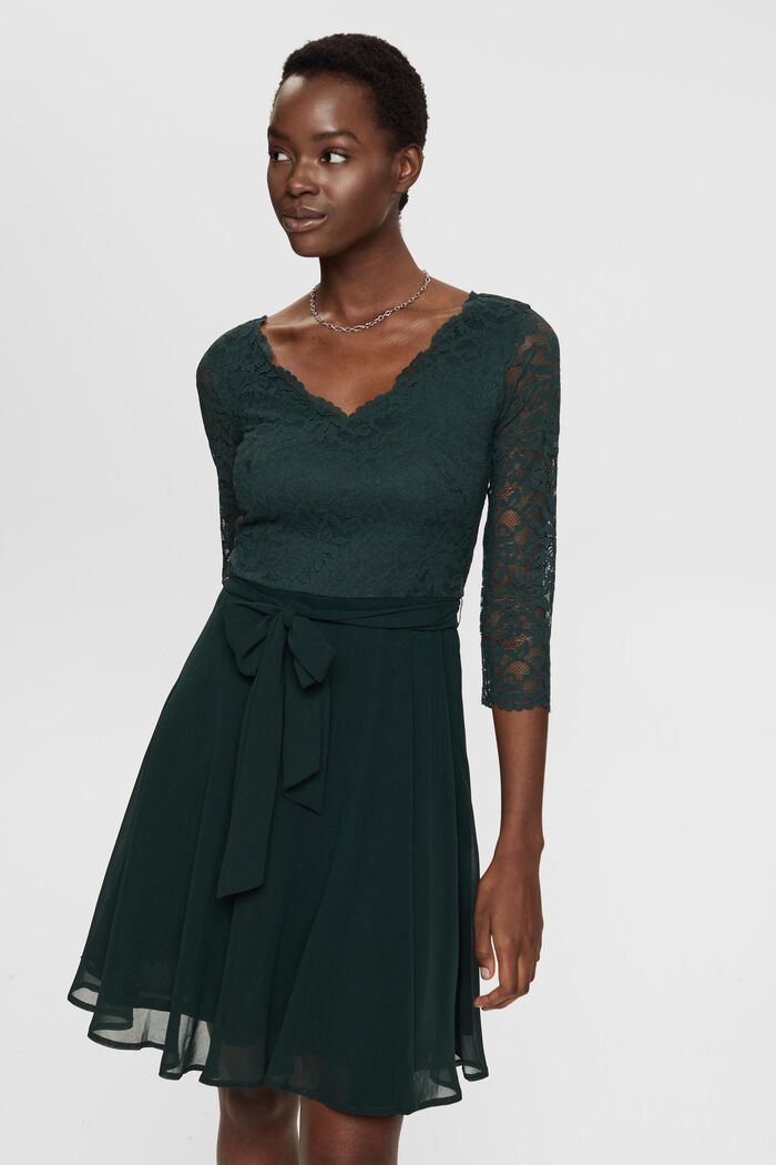 Chiffon jurk met kant en strikceintuur, DARK TEAL GREEN, detail image number 1