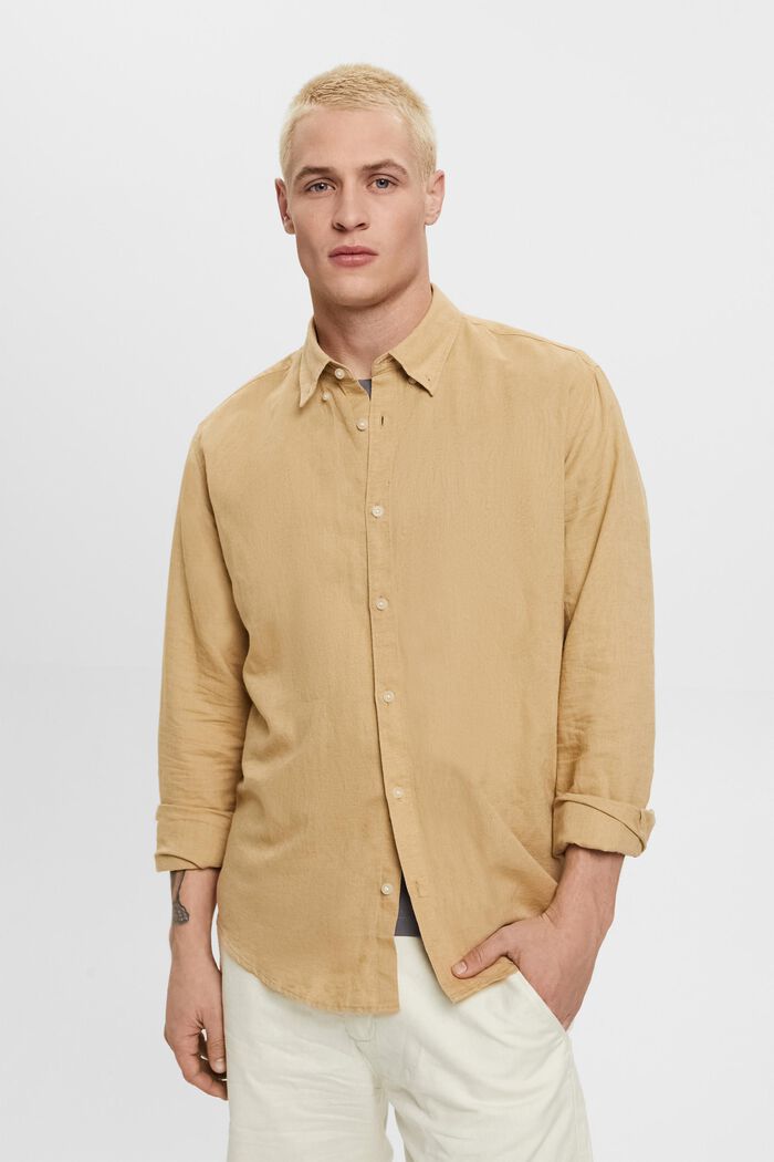 Overhemd met buttondownkraag van een mix van katoen en linnen, BEIGE, detail image number 0