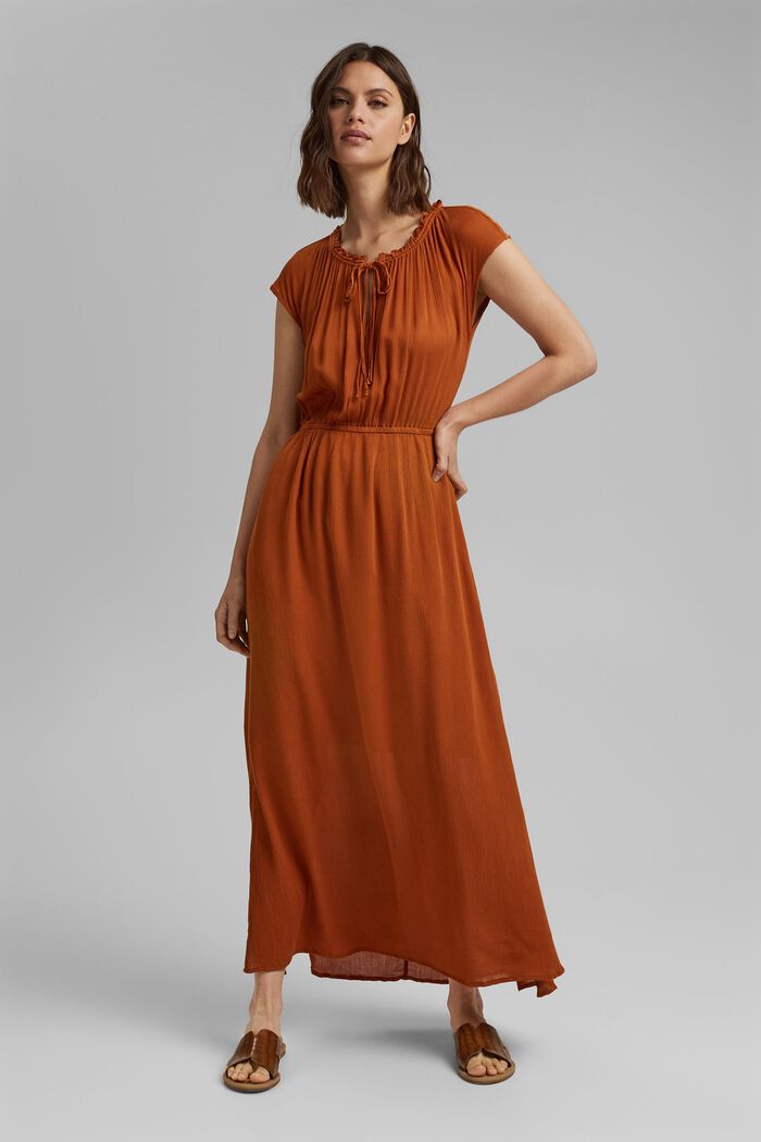 Maxi-jurk van LENZING™ ECOVERO™ met crinkle-look, CARAMEL, detail image number 1