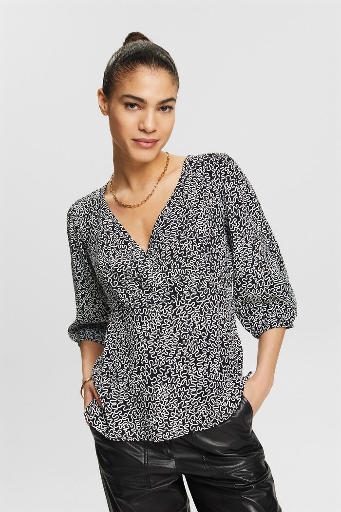 Crêpe blouse met V-hals en print, BLACK, detail image number 0