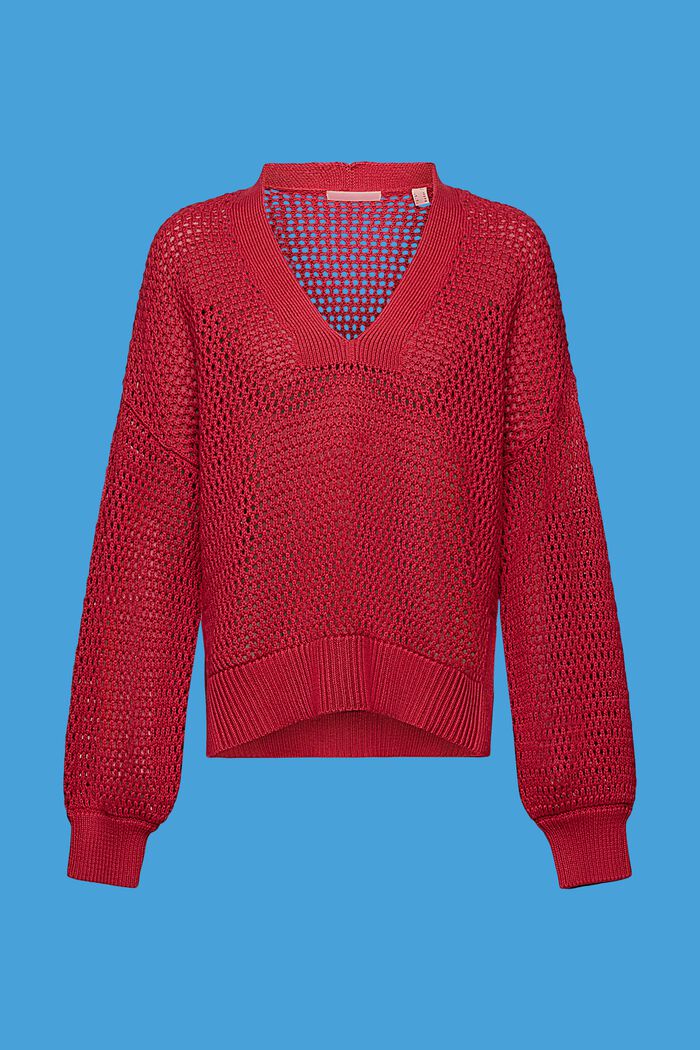 Opengewerkte trui van duurzaam katoen met V-hals, DARK PINK, detail image number 6