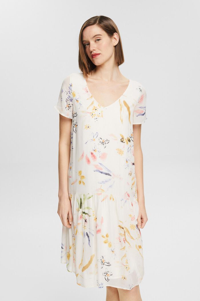 Chiffon jurk met bloemenmotief, LENZING™ ECOVERO™, OFF WHITE, detail image number 0
