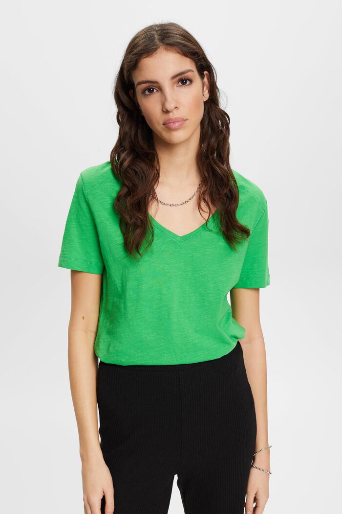 Katoen T-shirt met V-hals en siernaden, GREEN, detail image number 0