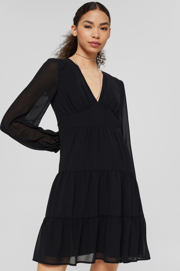 Gerecycled: chiffon jurk met volants, BLACK, detail image number 0